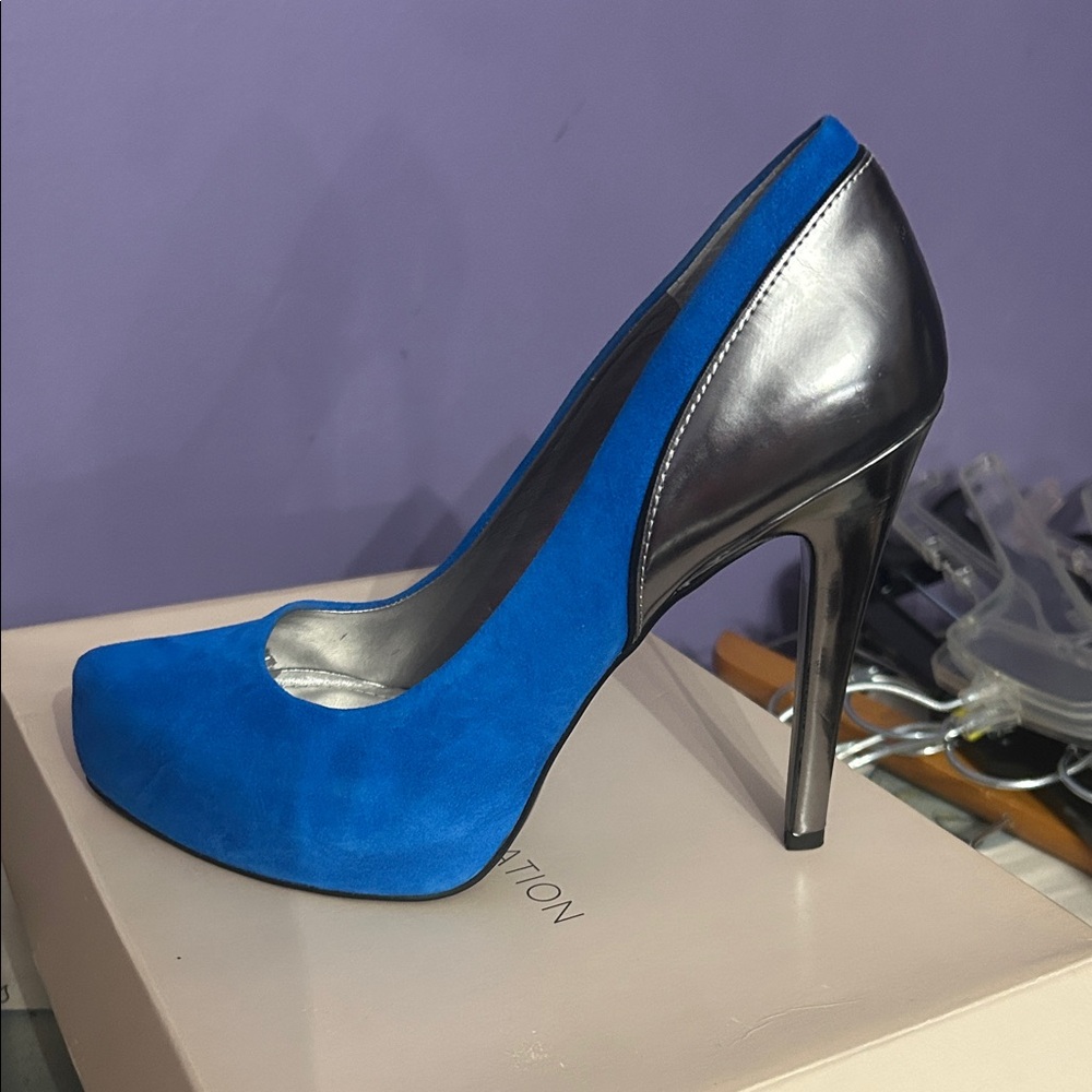 New BCBGeneration Blue and Metallic Heels